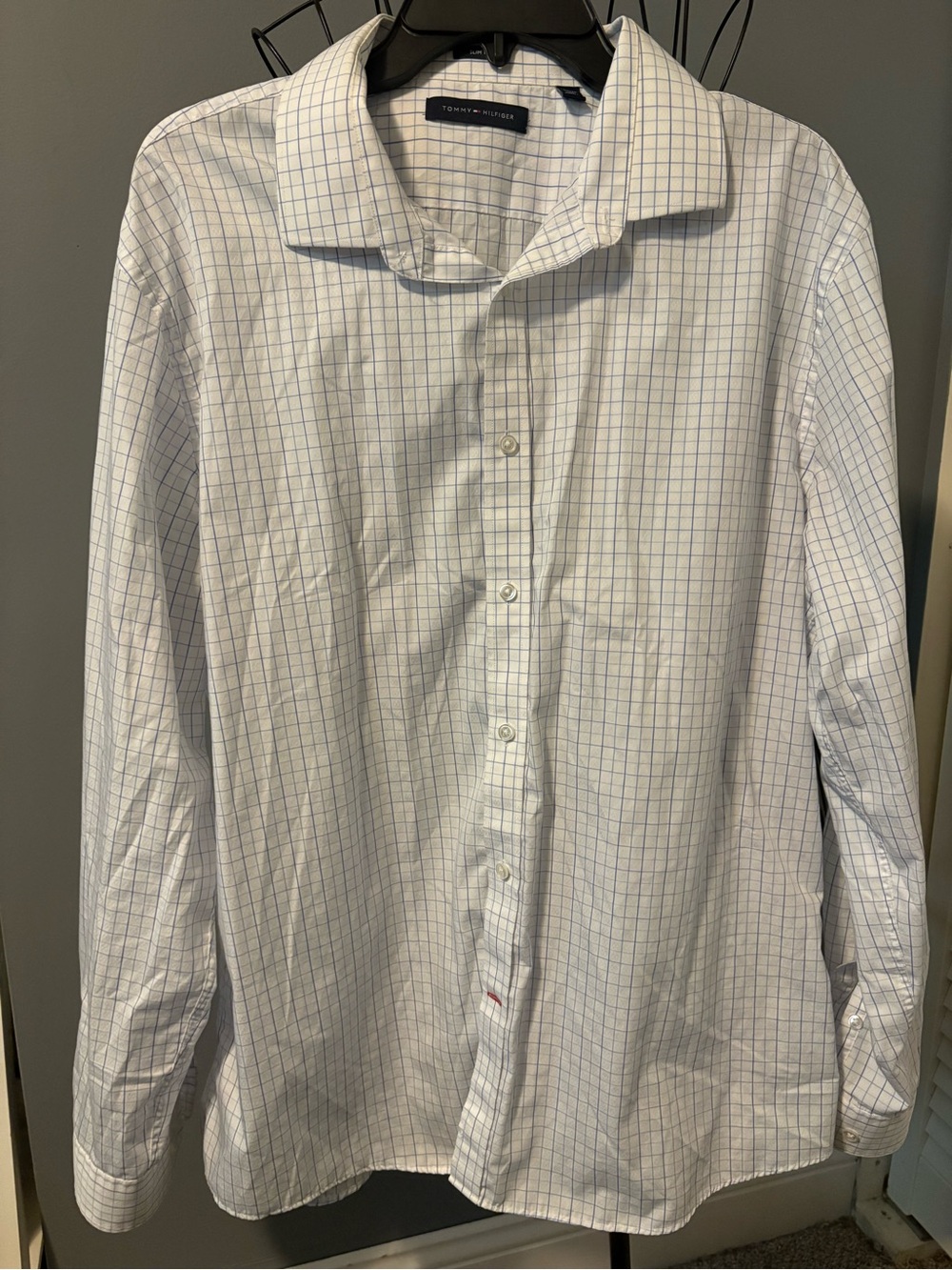 Tommy Hilfiger Men’s White Dress Shirt with Blue Windowpane Check